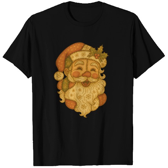 Patchwork Santa Face Vintage Christmas Folk Art T Shirts