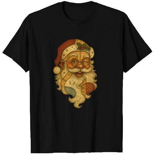 Patchwork Santa Face Vintage Christmas Folk Art T Shirts