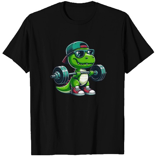 Cool T-Rex Barbell Weightlifter Fitness Cartoon Ca T Shirts