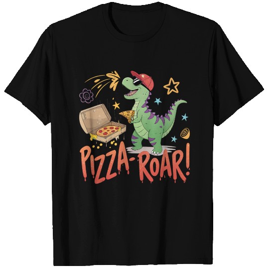 a playful cartoon dinosaur eat pizza for red T Shirts
