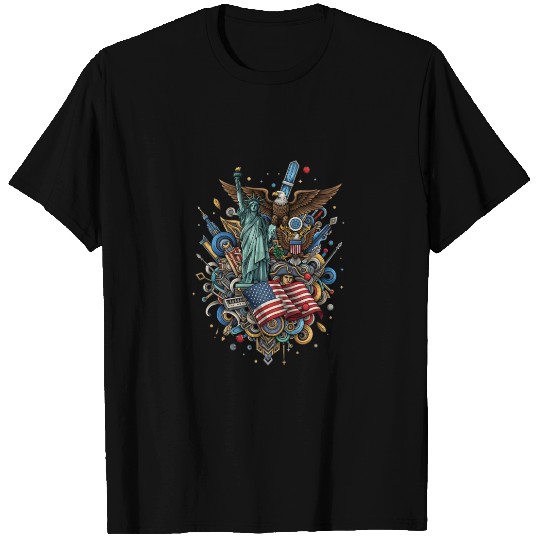 Patriotic US Icon Collage Print T Shirts