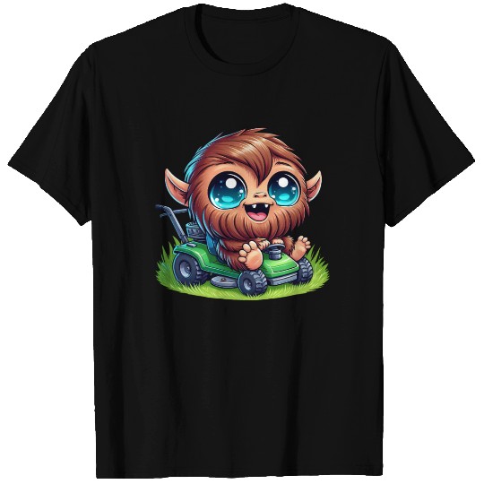 Cute Bigfoot Sasquatch lawnmower gardening cartoon T Shirts