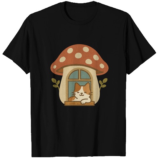 Whimsical Mushroom House with Cat T Shirts