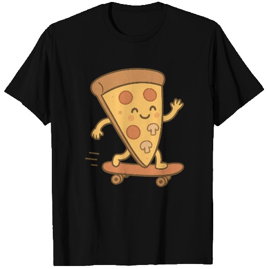 Cheerful Pizza Slice on Skateboard T Shirts