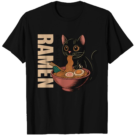 Black Cat Ramen Illustration T Shirts