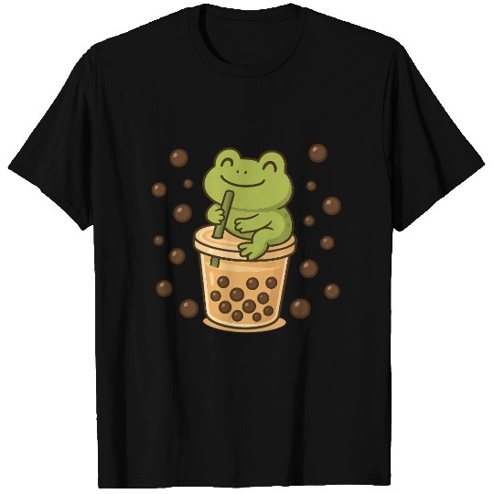 Cheerful Frog Tasting Bubble Tea Design T Shirts