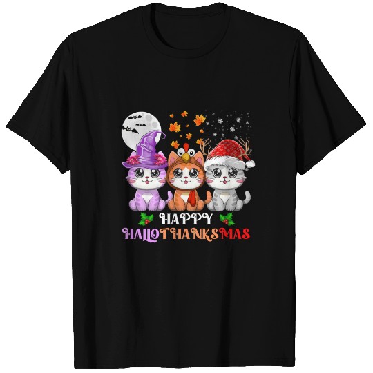 Happy HalloThanksMas Cute Cats Lover T Shirts
