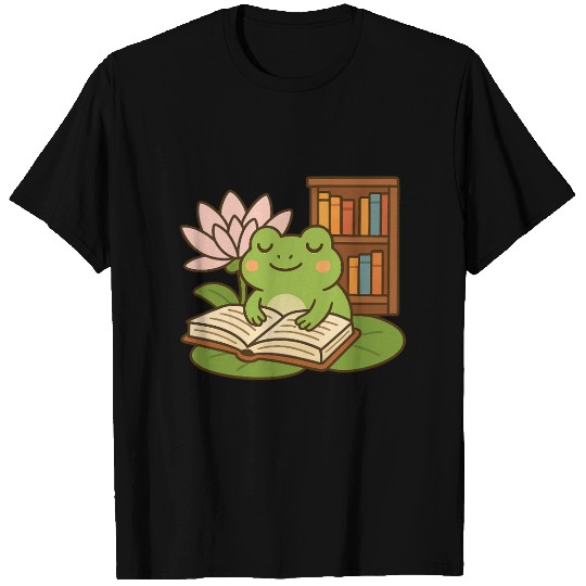 Serene Frog Reading Book Under Lotus T Shirts