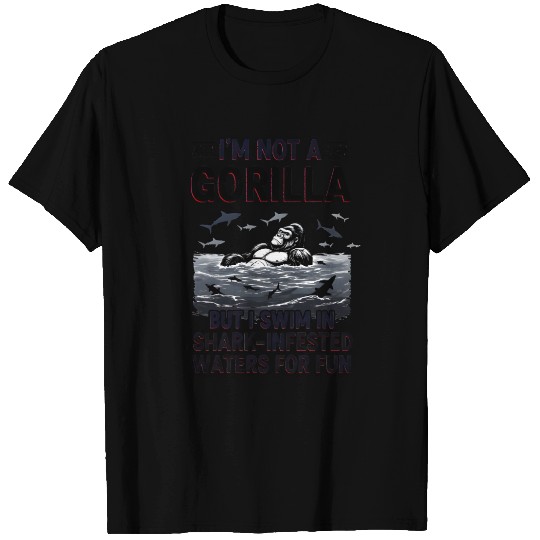 Gorilla vs Sharks Funny Swim Graphic Design T Shirts