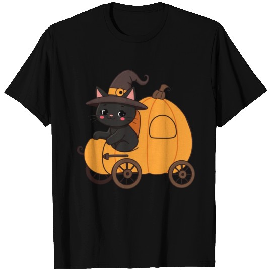 Black Cat in Witch Hat Halloween Design T Shirts
