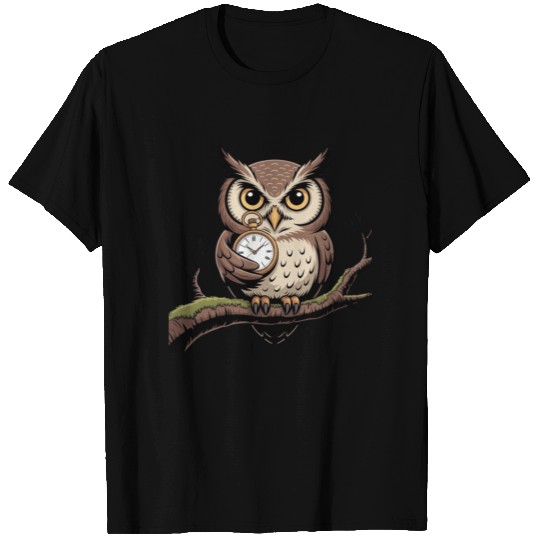 Wise Owl with Pocket Watch Illustration T Shirts