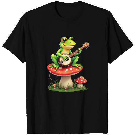 Whimsical Frog Playing Guitar on Mushroom T Shirts