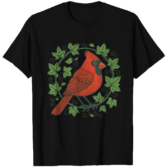 Vibrant Cardinal Amidst Ivy Leaves T Shirts