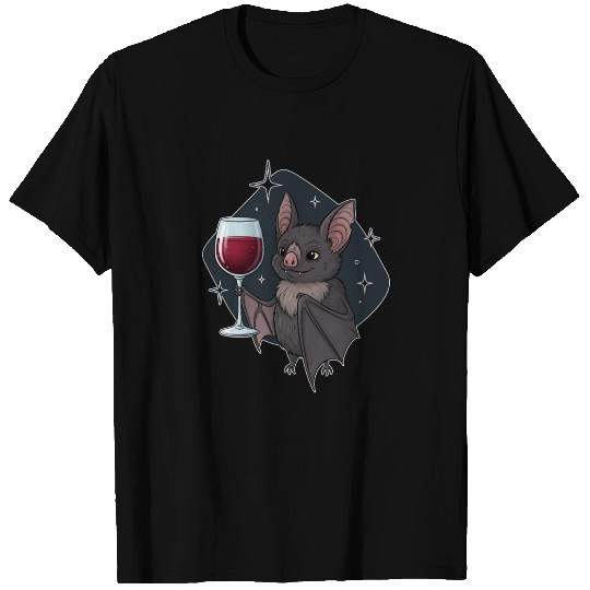 Charming Bat with Wine Glass Illustration T Shirts