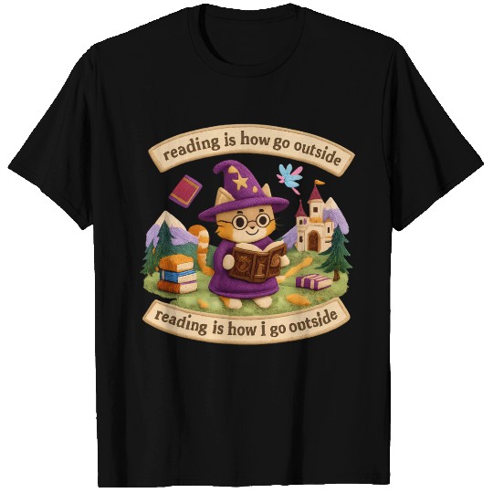 Whimsical Cat Wizard Reading T Shirts