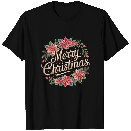 Elegant Poinsettia Wreath Merry Christmas Script T Shirts