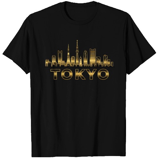Elegant Tokyo Skyline Gold Line Art T Shirts