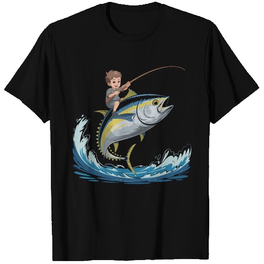 Joyful young boy rides massive jumping tuna T Shirts