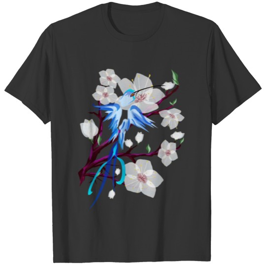 Blue Hummingbird and Cherry Blossoms T Shirts