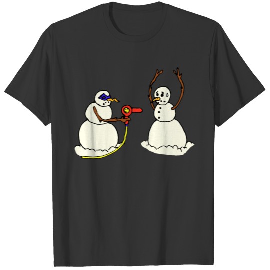 Snowman bandit with hair dryer funny cartoon T Shirts