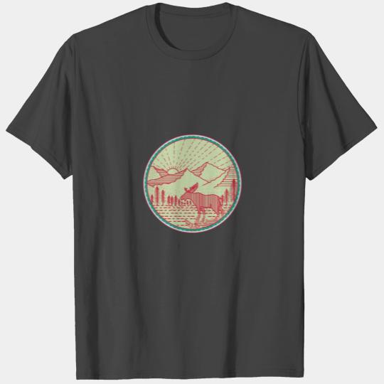 Moose River Mountains Sun Circle Retro T Shirts