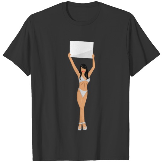 Girl with sign (white bikini, black hair, light T Shirts