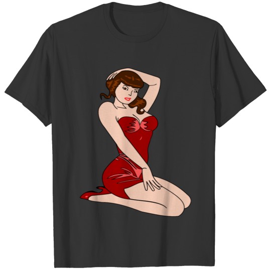 Woman kneeling (light skin, red dress, brown hair) T Shirts