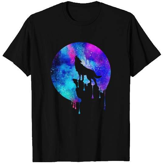 Howling wolf watercolor space drips galaxy gift T Shirts