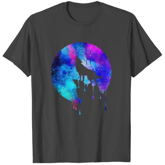 Howling wolf watercolor space drips galaxy gift T Shirts