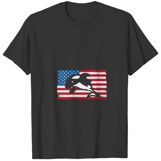Womens Orca American Flag Family Vintage Retro Art T-shirt