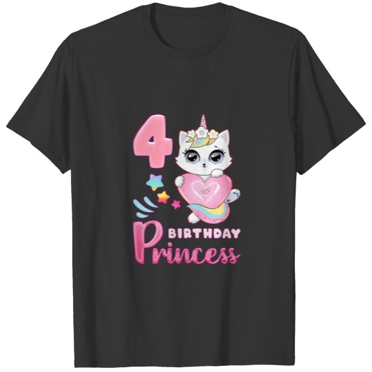 Kids Birthday Girl 4 Year Old, Cute Cat Unicorn Wi T-shirt