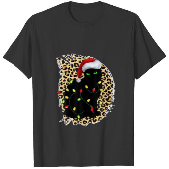 Cat Christmas Leopard Buffalo Plaid Red Santa Hat T-shirt
