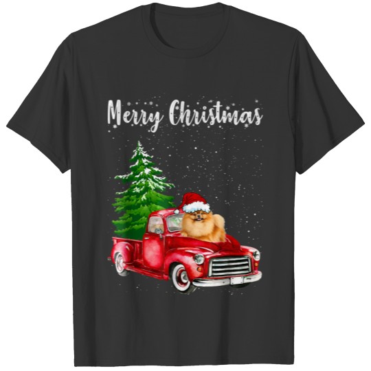 Pomeranian Riding Red Truck Merry Christmas Dog Lo T-shirt