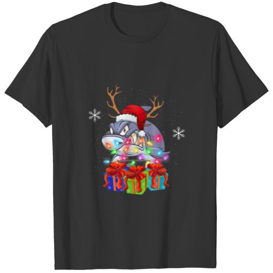 Funny Shark Christmas Xmas Lights Santa Hat Party T-shirt