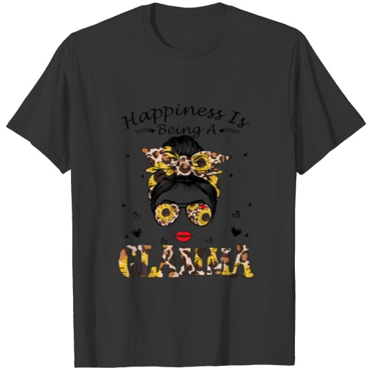 Womens Happiness Is Being A Glamma Messy Bun Leopa T-shirt