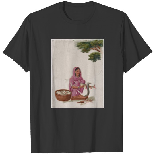 Seated female fishmonger in pink sari polo T-shirt