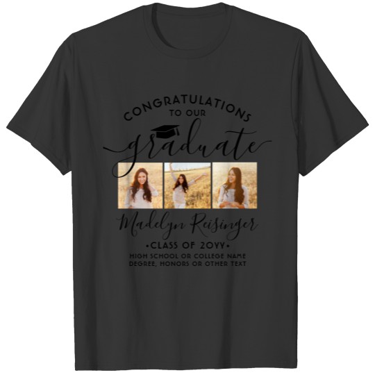 Any Text 3 Photo Graduation Congrats Black & White T-shirt