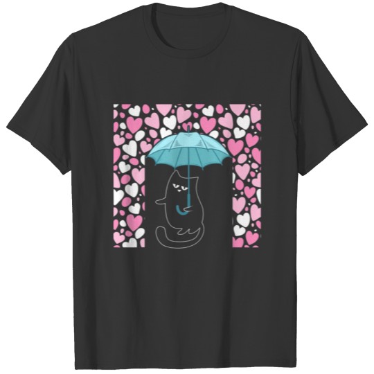 Funny Cat With Umbrella Red Heart Love Valentines T-shirt
