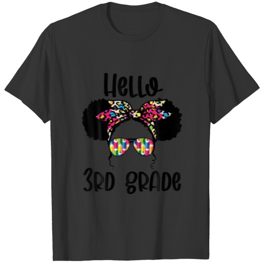 Hello 3Rd Grade Colorful Leopard Kids Messy Bun Ha T-shirt
