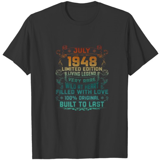 Vintage 74 Years Old July 1948 74Th Birthday Gift T-shirt