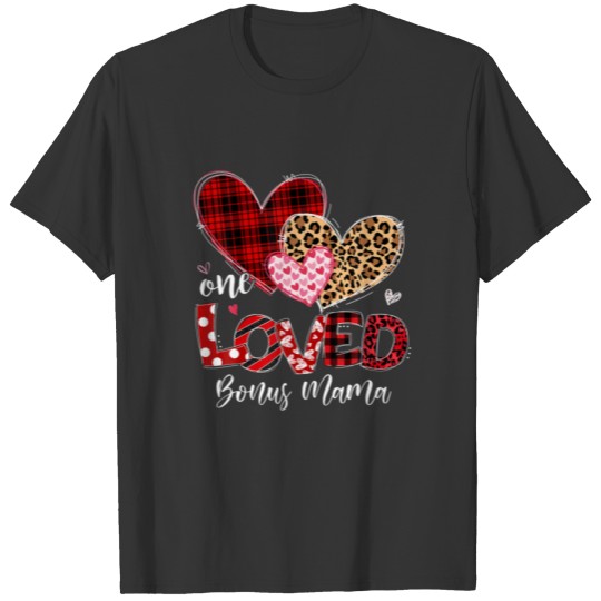 One Loved Bonus Mama Leopard Plaid Hearts Valentin T-shirt