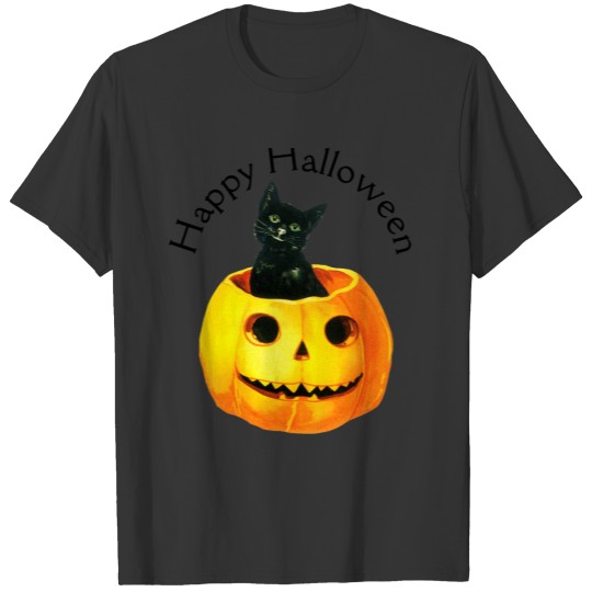 Old-fashioned Halloween, Black cat on Pumpkin T-shirt