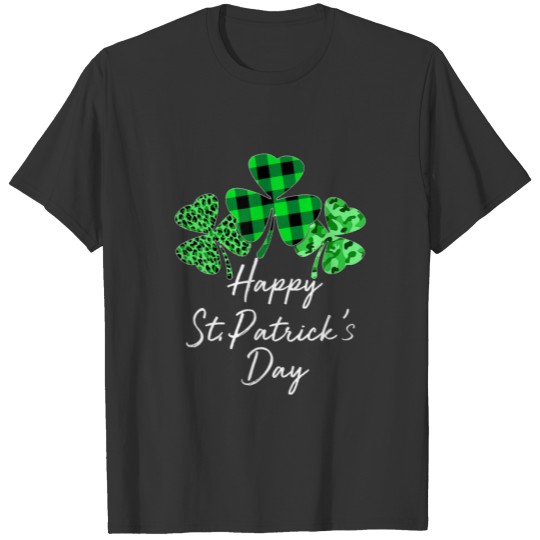 Happy St Patricks Day Plaid Shamrock Leopard Camou T-shirt