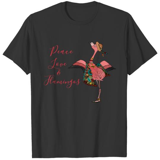 Cute Pink Boho Peace Love and Flamingos T-shirt