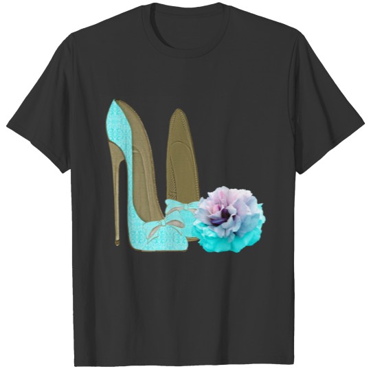 Turquoise Lace Effect Stiletto Shoes and Rose Polo T-shirt