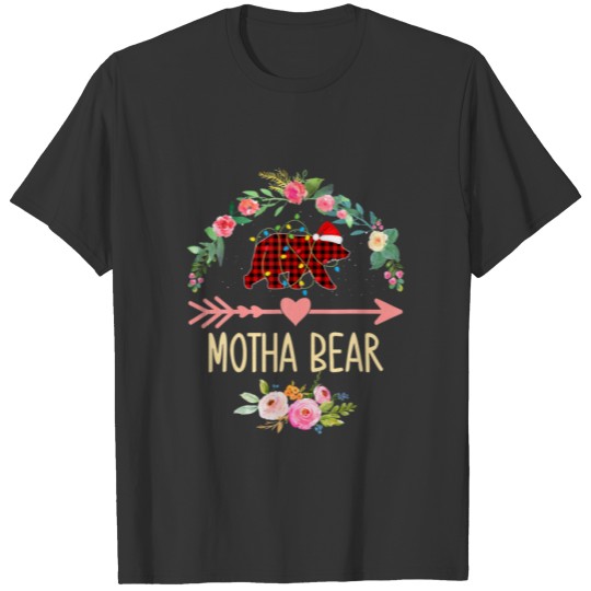 Motha Bear Xmas Family Christmas Pajama Red Plaid T-shirt