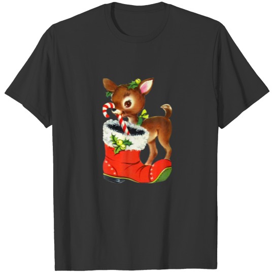Vintage Christmas Reindeer And Christmas Stocking T-shirt