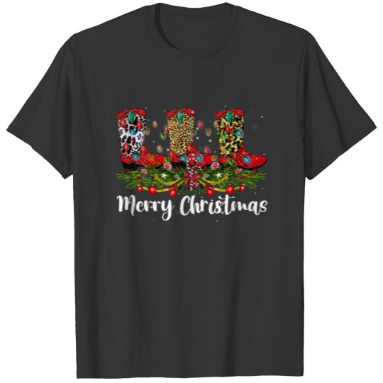 Merry Christmas Leopard Cowboy Boot Western Santa T-shirt