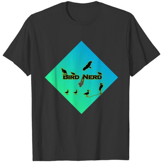 Bird Nerd Blue Green Ombre on Black T-shirt