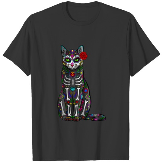 Halloween Cat Sugar Skull Dia De Los Muertos T-shirt